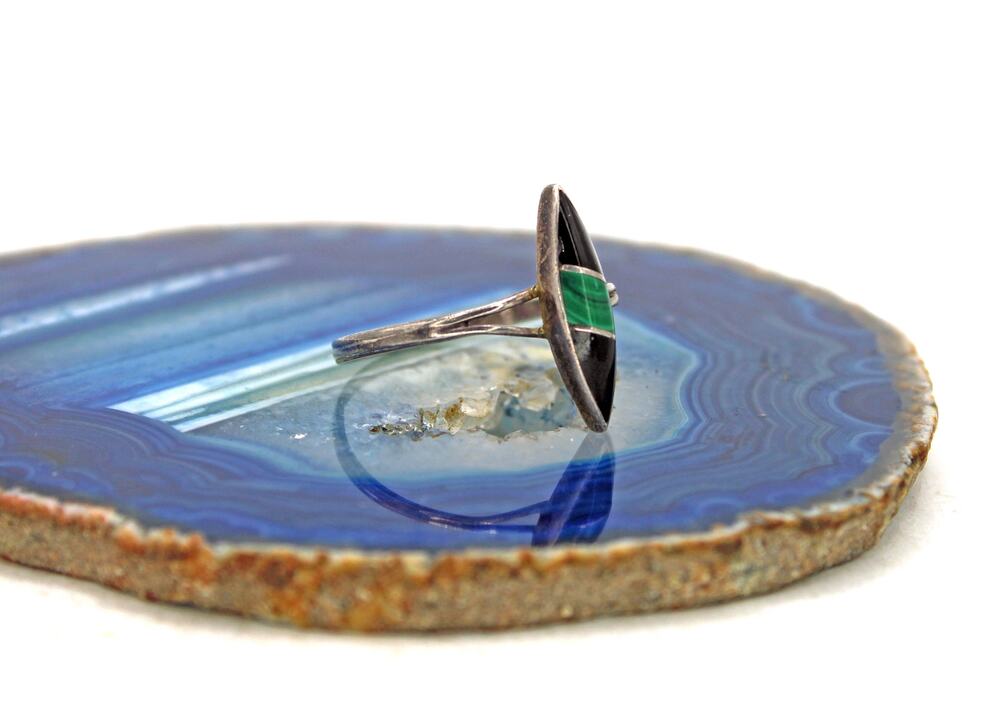 Taxco TR-120 Sterling Silver Onyx and Malachite Inlay Ring